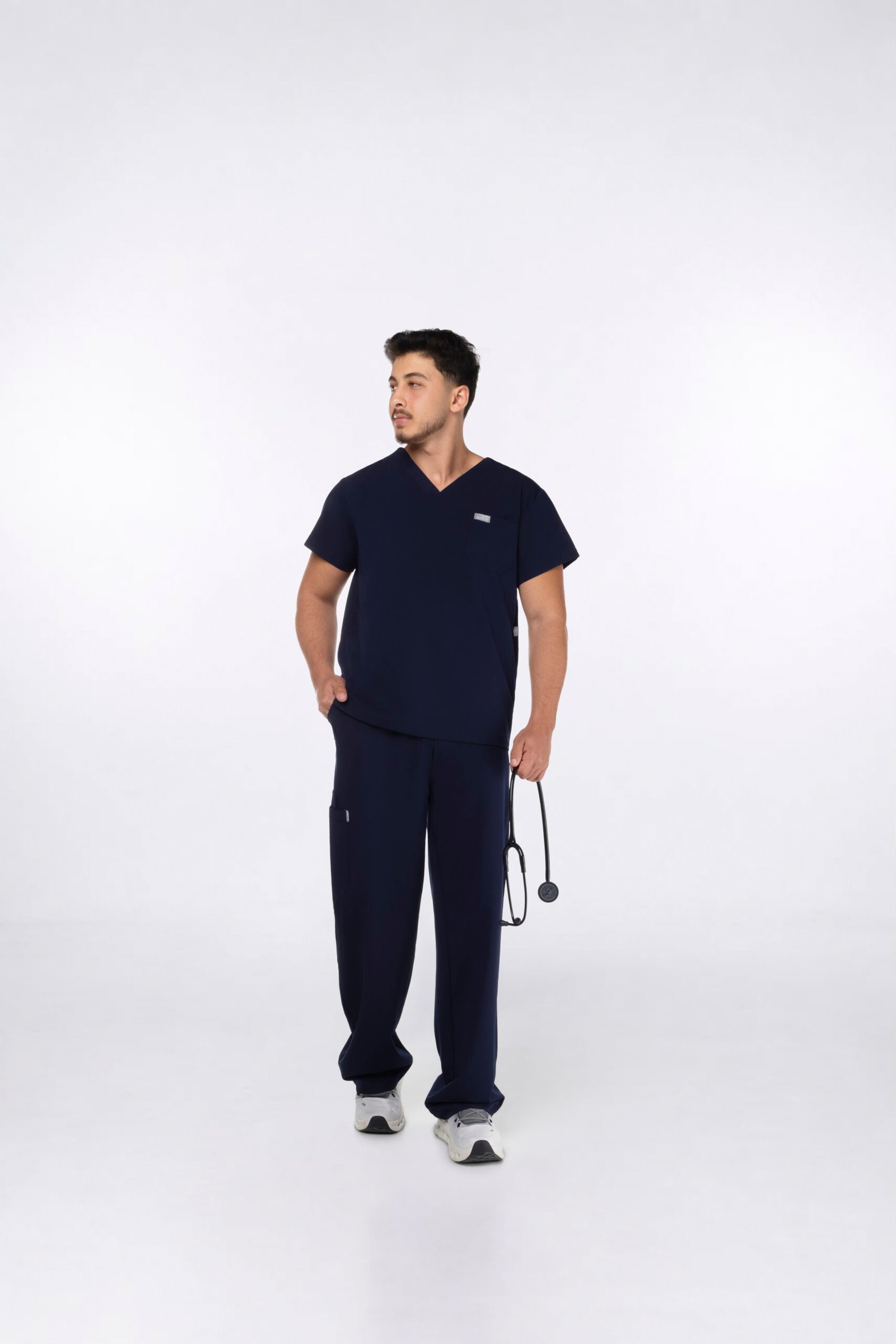 Medilux Classic V Neck scrubs in Navy, full body with Classic Straight pants
