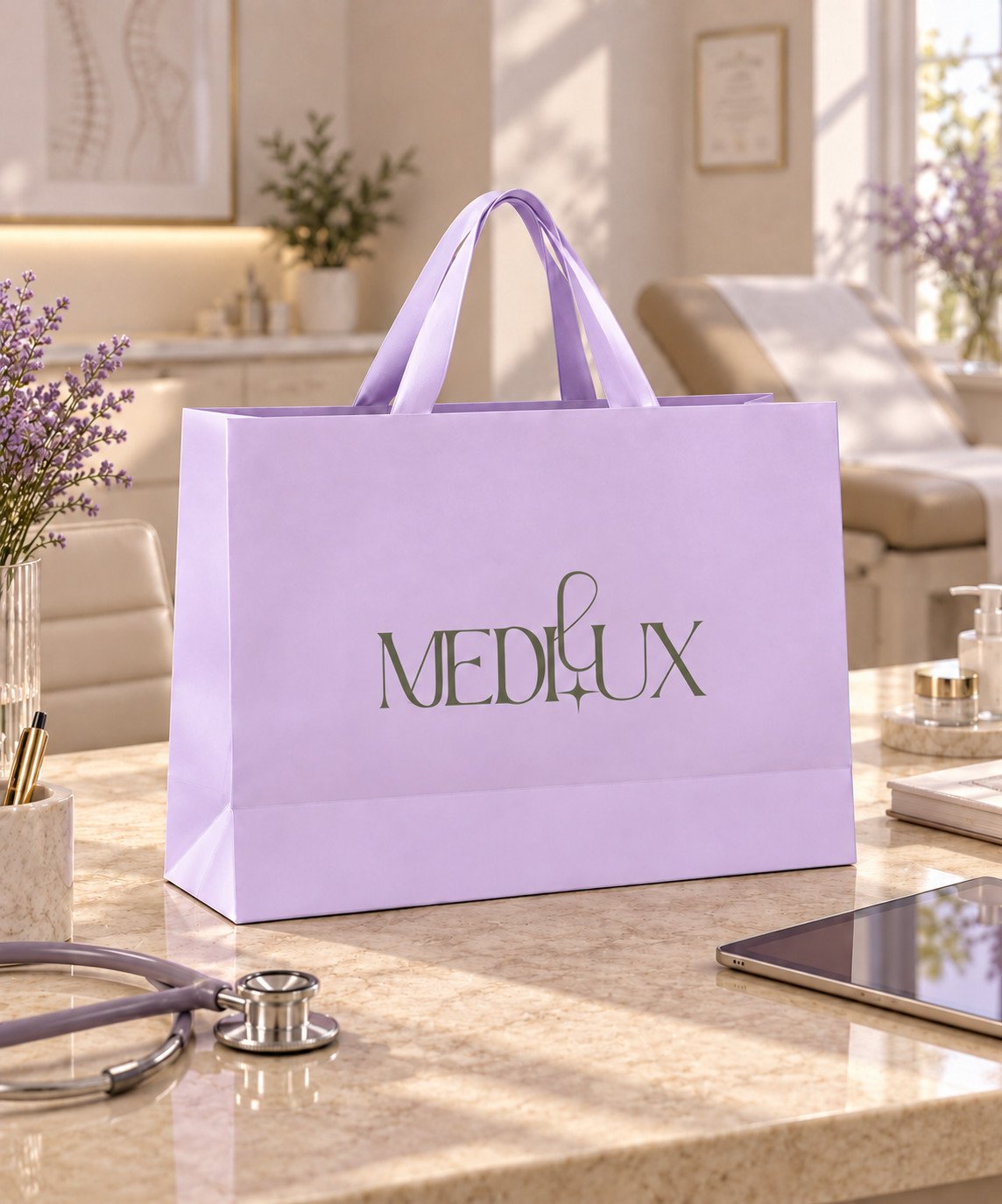 Lavender Medilux gift bag on a clinic desk